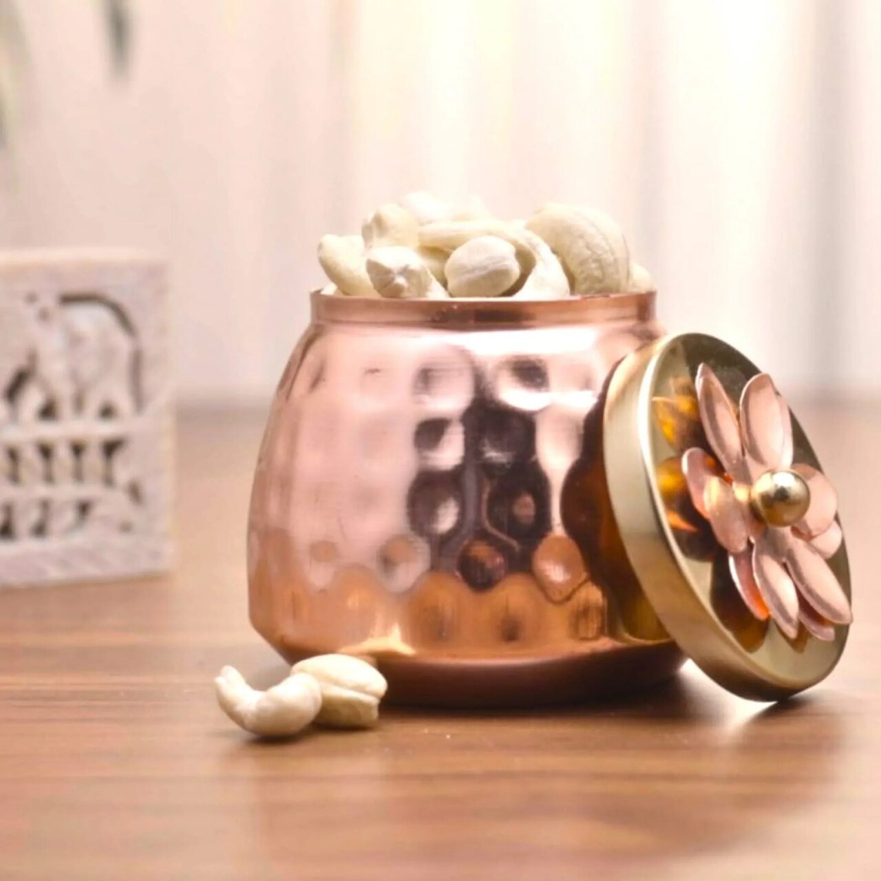 Hammered Copper Plating Dryfruits Jar with Lid Decorative Serving Bowls Dry Fruit Container Return Gifts for Housewarming Baby Shower Wedding Handmade Candy Jar Pack of 1/4/16 (3.4 Inch)